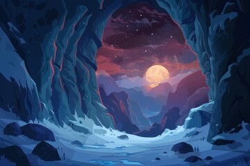 Wall Mural - Snowy mountain landscape with a full moon rising over the horizon