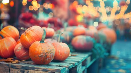 Sticker - A vibrant display of pumpkins at a festive market, capturing the essence of autumn and seasonal celebrations with bokeh lights.