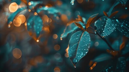 Poster - Close-up of leaves with raindrops and a mix of blue and warm bokeh lights in the background, evoking a serene atmosphere.