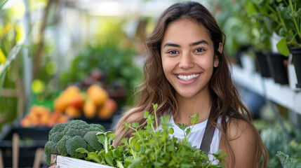 Happy woman holding a box of fresh vegetables in a lush garden, showcasing organic produce and healthy lifestyle.