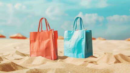 Poster - Two Colorful Shopping Bags on the Beach