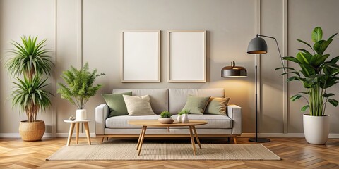 Interior poster mockup in a cozy living room with a sofa, floor lamp, and plants, poster, mockup, interior, living room