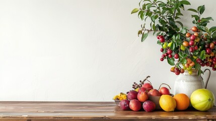 Poster - Contemporary nostalgic decor. Antique table with plant and fruit salad tree. Blank white wall. Text space.