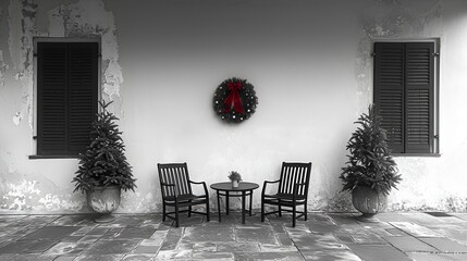 Wall Mural - Sitting table outside - two chairs - black and white photograph 