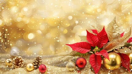 Poster - Poinsettia and Christmas ornaments on golden background with winter decorations