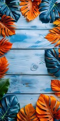 Wall Mural - Beautiful tropical plant leaf decoration border on wooden planks background.