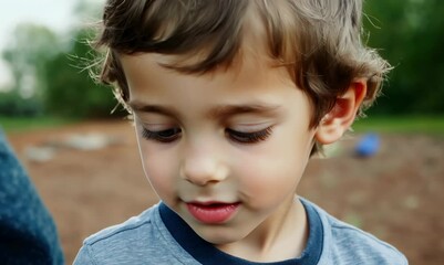 Poster - Portrait of adorable little boy looking at something in the park.