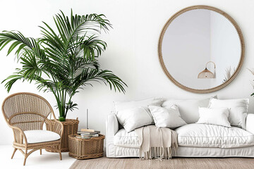 A bright and airy living room with white furniture, large green indoor plants, and a round mirror, creating a fresh and inviting space.