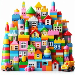Poster - A stack of colorful plastic building blocks, isolated on white b