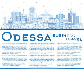 Wall Mural - Outline Odessa city skyline with blue buildings and copy space. Odesa cityscape with landmarks. Business travel and tourism concept with modern and historic architecture.