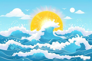 Bright Yellow Sun Shining on Ocean Waves with White Foamy Crests and Blue Sky for Background