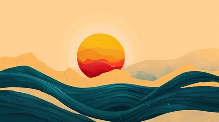 Poster - A minimalist summer scene with an abstract sun and waves evokes tranquility and warmth.