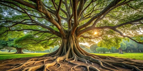 Large tree with expansive roots reaching deep into the ground, tree, roots, big, nature, growth, strong, environment