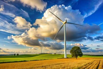 wind turbine rotate in open grass field with cloud background