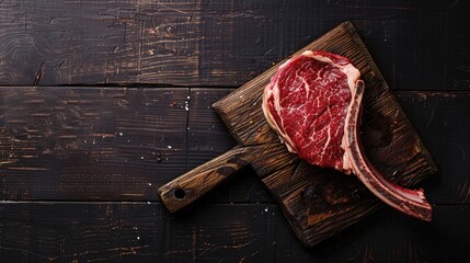 Canvas Print - Marbled ribeye steak on bone Dark wooden background Overhead view