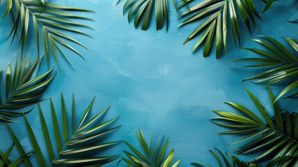 Poster - Tropical palm leaf border on blue backdrop with space for text Overhead view Summer or spring theme