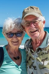 Wall Mural - Close-up of an elderly couple enjoying a picnic by the sea, wearing sporty outfits, relaxed and happy expressions, ocean and sky in the background, Portrait close-up, hyper-realistic, high detail,