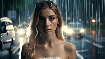 Poster - Young woman standing in the rain