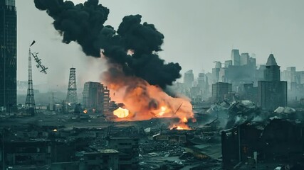 buildings hit by missiles exploding in a city at war