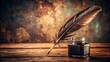 © sompon - A close-up photo of a feather and ink pot on a vintage desk, feather, ink, quill, writing, vintage, desk, stationary
