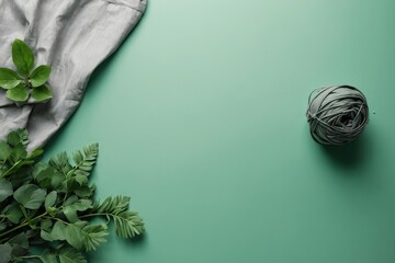 Wall Mural - green fabric yarn and greenery on light green background with copyspace