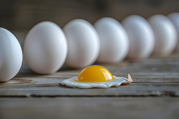 Neatly arranged row of white eggs with a single broken egg displaying a vibrant yellow yolk