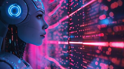 Poster - The image portrays a futuristic cyborg gazing intently at a wall of data in a digital neonlit environment