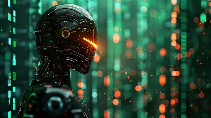 Poster - A sleek black robotic figure stands against a backdrop of glowing green and orange lights
