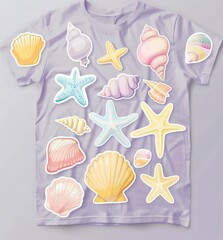 Canvas Print - A purple tshirt adorned with colorful sea shells and starfish