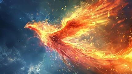 A fiery phoenix soars through a celestial sky its wings ablaze with radiant orange flames