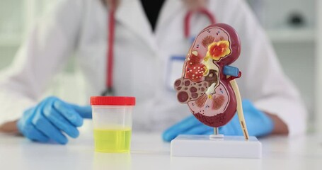 Wall Mural - Doctor places bottle with urine near kidney model in clinic