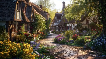 Charming village scene with cobblestone path and colorful flowering gardens, leading to quaint traditional homes, bathed in soft afternoon sunlight.