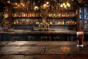 Wall Mural - Glass of dark beer on wooden table top with blurred background of bar counter, pub interior