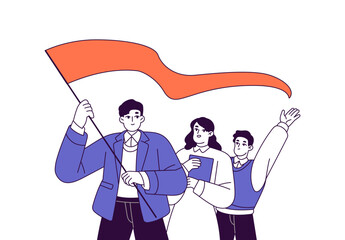 Fototapete - Office workers' leader holds flag in hands. Employee leads business team to win. Winners rejoice at teamwork success. Leadership concept. Flat isolated outline vector illustration on white background