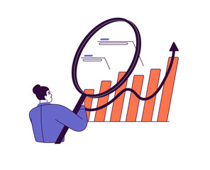 Poster - Business analysis concept. Analyst researches increasing metrics on chart diagram. Employee explores financial graphs with magnifier. Flat isolated outline vector illustration on white background