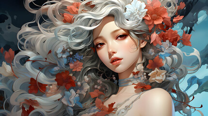 Wall Mural - Floral Fantasy: A Woman Surrounded by Blossoms