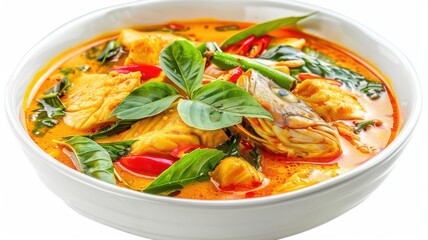 Gourmet Thai fish curry, digital artwork, vibrant colors, isolated on white background