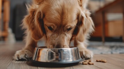 Canvas Print - Cute dog eating food from bowl on wooden floor, closeup