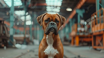 Canvas Print - Portrait of a cute boxer dog in front of bustling factory floor