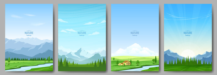 Wall Mural - a collection of natural landscapes. mountains and hills, a river flows through a green valley, a cou
