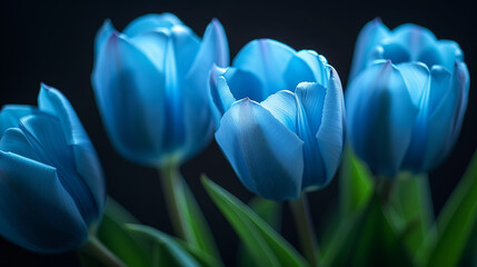 Beautiful blue tulips are standing in a bouquet with a black background