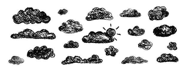 Wall Mural - set of abstract pencil clouds. hand drawn cartoon cloudy sky and sun. vector illustration of collect