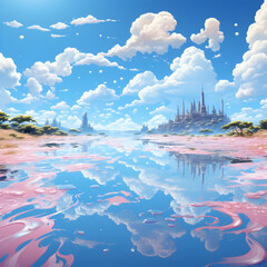 Wall Mural - Fantasy Cityscape with Pink Water Reflection