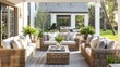 © raining - Elegant Outdoor Patio with Wicker Furniture and Garden View