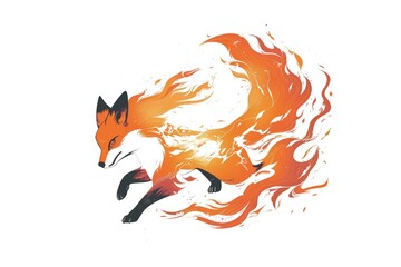 A fiery fox leaps through the air its tail ablaze with vibrant orange and yellow flames