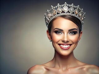 A radiant, flawless smile with a crown, pearly whites gleaming, and a subtle hint of natural shine, set against a clean, neutral background with ample copyspace.