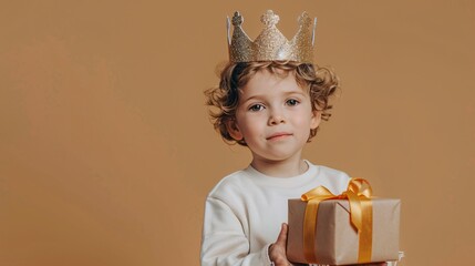 Wall Mural - A_child_wearing_a_birthday_hat_and_holding_a_gift_