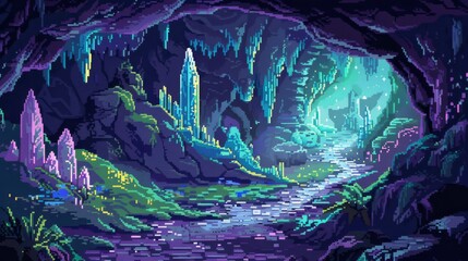 Mystical Mountain Cave, Pixel Art Background for Game Design, Vibrant Crystals, Luminous Pathway, Enchanting Fantasy Scene