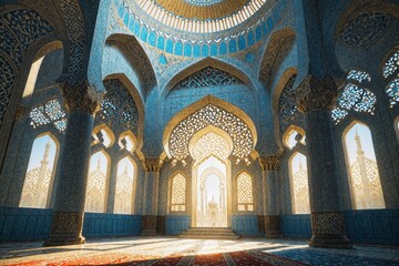 Interior of a grand mosque with intricate blue and gold patterns and arched windows. Architectural photography showcasing Islamic design. Design for poster, postcard, greeting card, banner