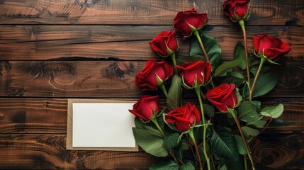 Mother s Day celebration with red roses and card on wooden backdrop